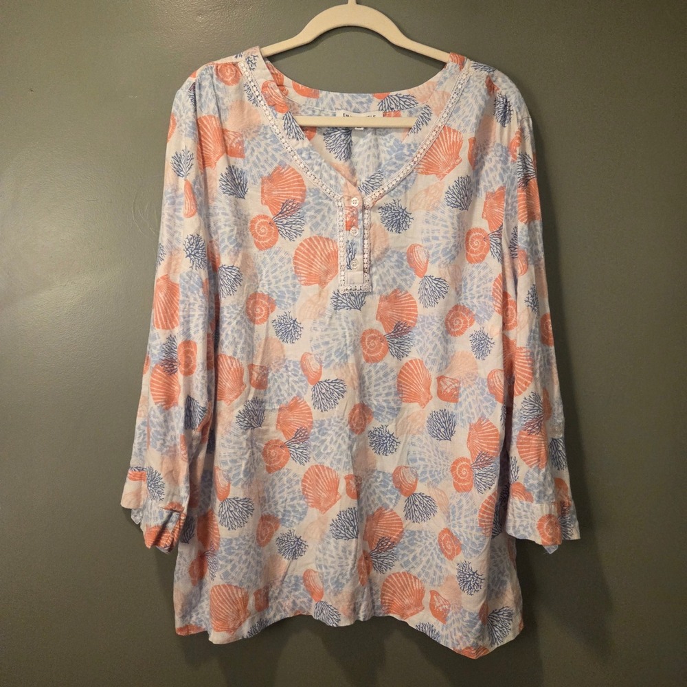 Emily Daniels Women's Linen Blend 3/4 Sleeve Tunic Size 2X Coral Shell Print